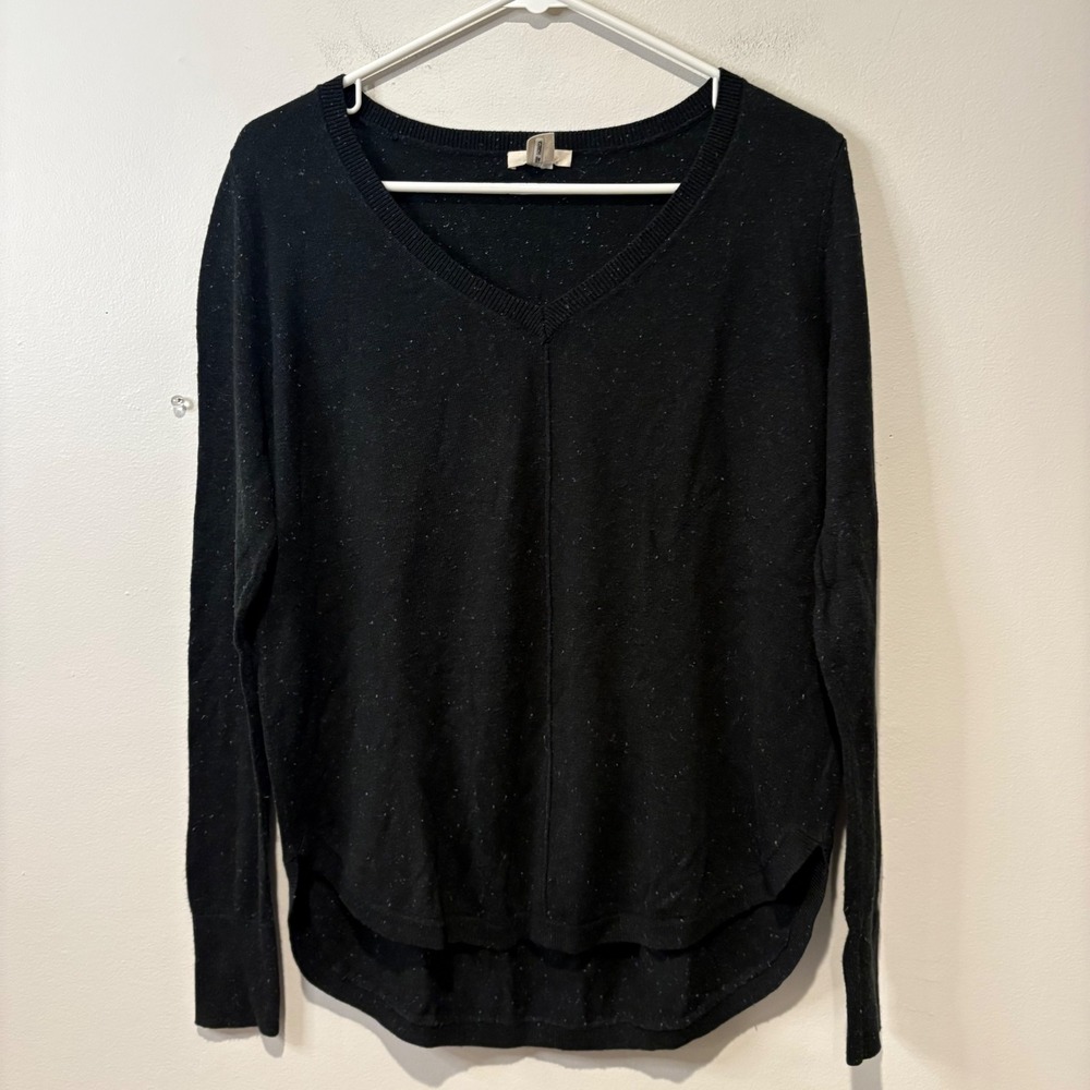 Caslon Womens XS Speckled Black VNeck Long Sleeve Knit Alpaca Wool Blend Sweater